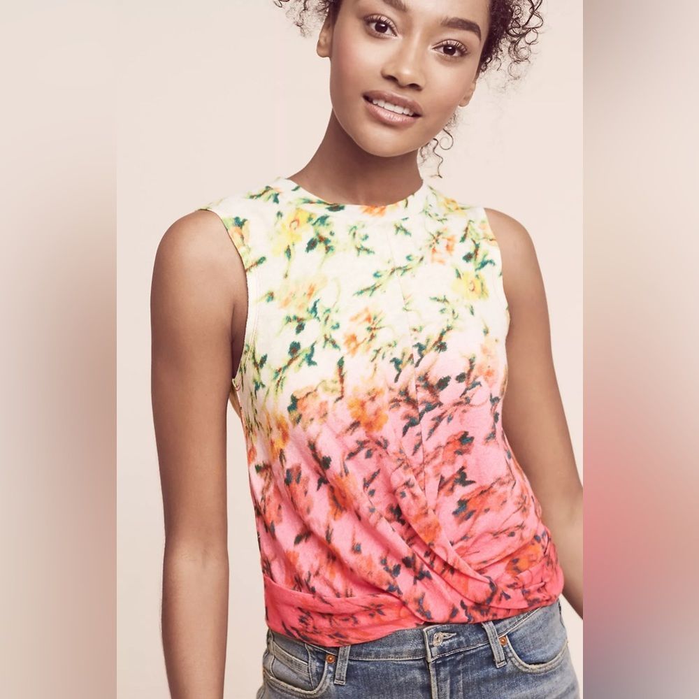 Anthropologie Deletta Adaenia Twist-Front Dip Dye Floral Sleeveless Knot Top
